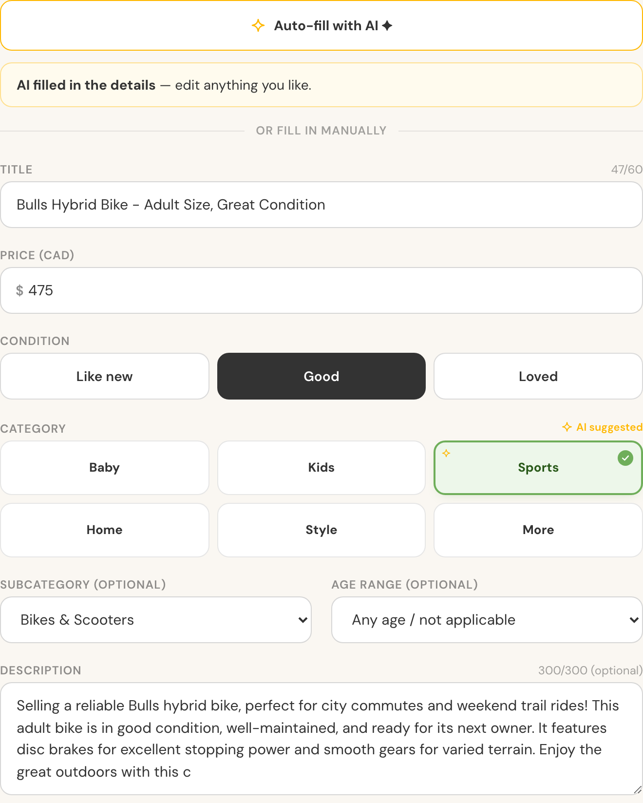 The new-listing screen with a title, price, category, and description filled in automatically by AI from one photo.