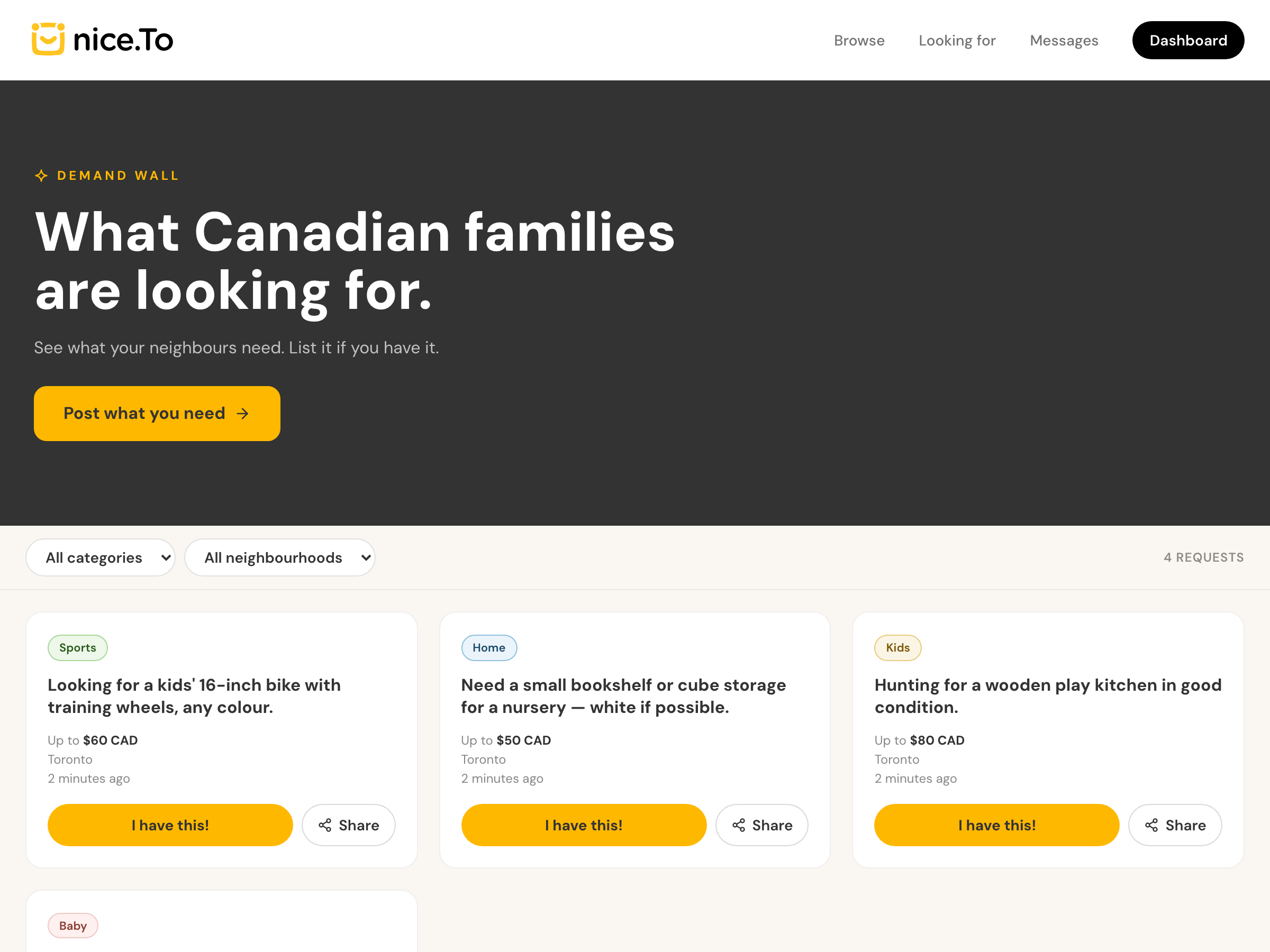 The Nice.to demand wall showing what nearby families are looking for.